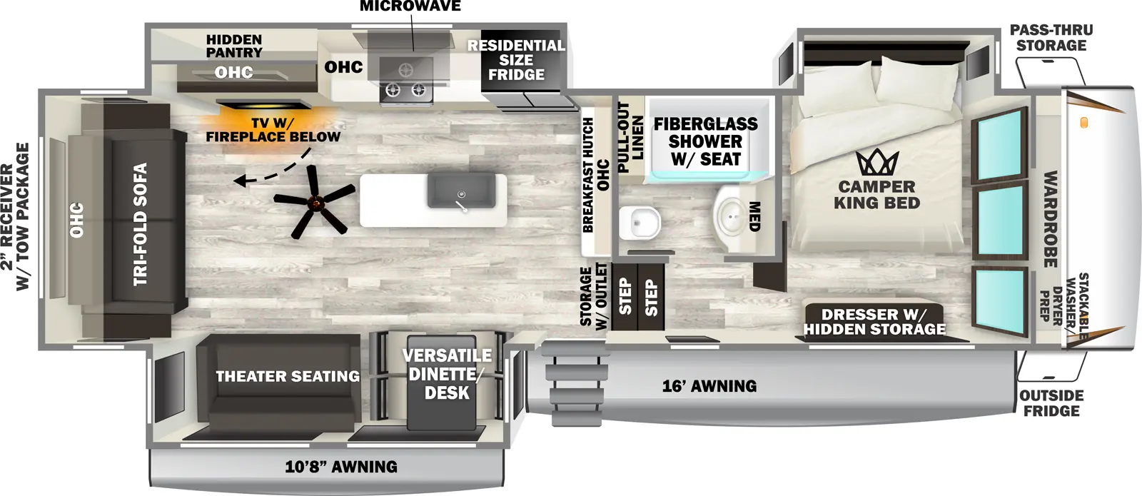 The Sabre 32GKS floorplan has one entry and three slide outs. Exterior features include: fiberglass exterior and 10'8" & 16' awning. Interiors features include: kitchen island, front bedroom and rear living.